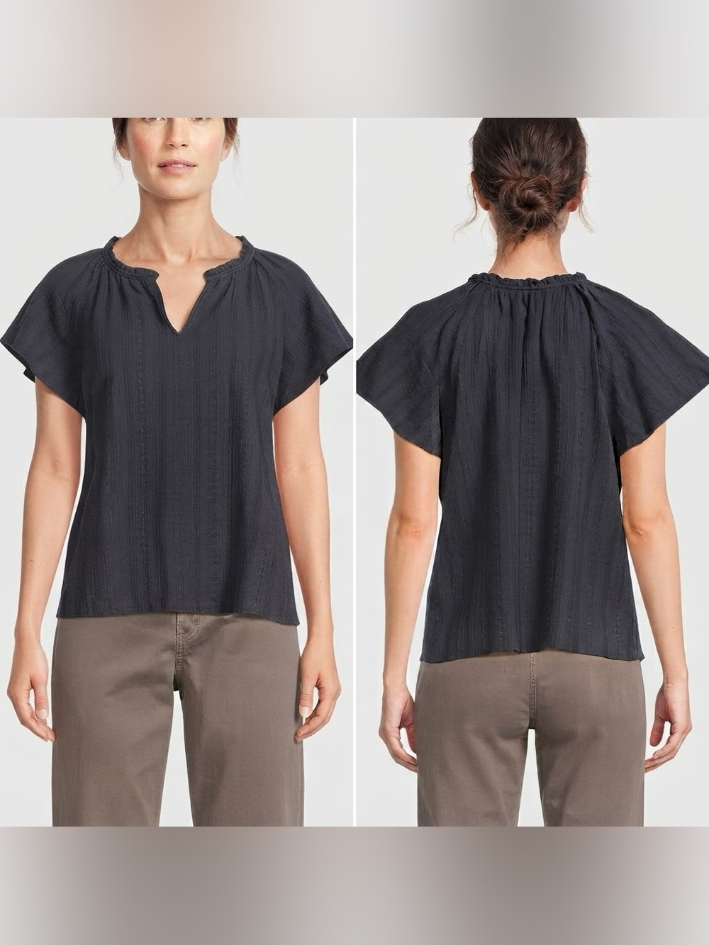 Marine Layer Lana Textured Cotton Navy Floral Split Neck Flutter Sleeve Top Sm